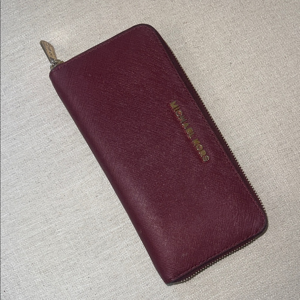 Michael Kors Saffiano Zip-Around Wallet in Deep Burgundy